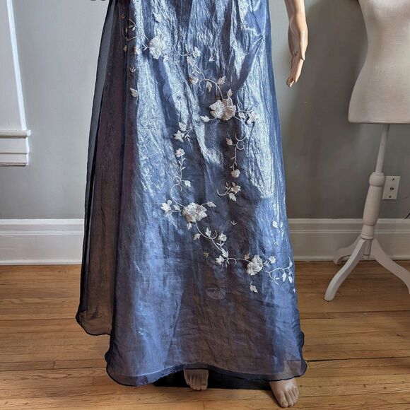 Vintage 90s y2k Scene Prom Gown Blue Floral Embroidery Beaded Fringe Size 9/10 - Picture 10 of 17